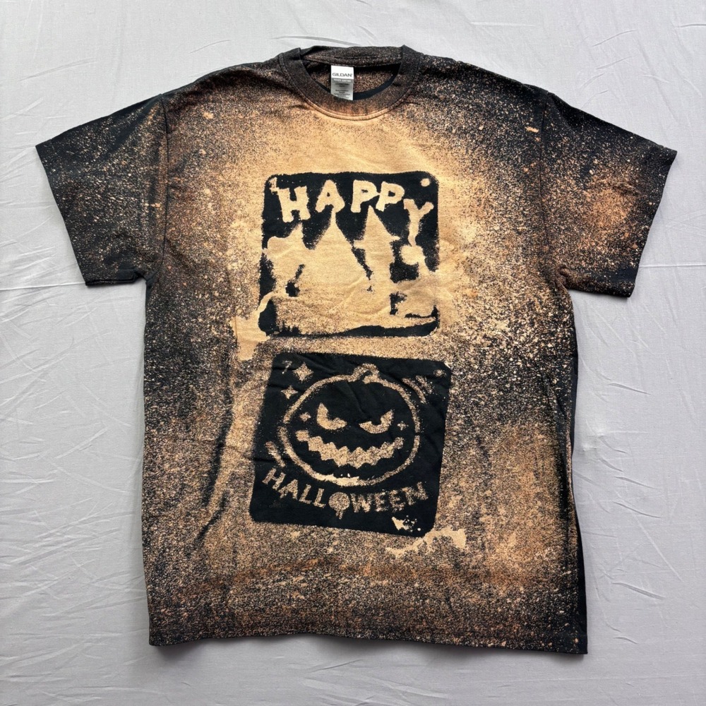 Gildan Happy Halloween Bleach Dye T-Shirt Mens M Black Pumpkin Spooky Graphic